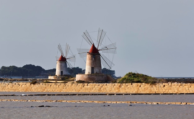 Italy, Sicily, Marsala (Trapani), Mozia salt flats and windmills