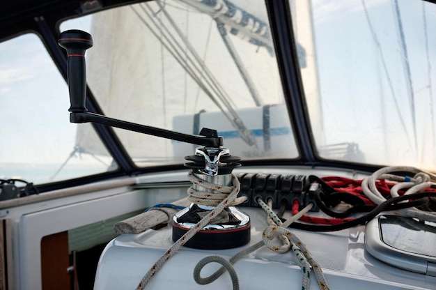 Italy, Sicily, Mediterranean Sea, cruising on a sailing boat, winch