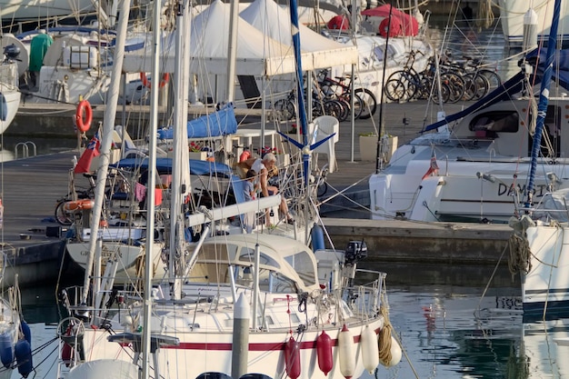 イタリア、シチリア島、地中海、マリーナ ディ ラグーザ (ラグーザ県)。 2020年11月7日、港の帆船に犬を連れた人々 - 社説