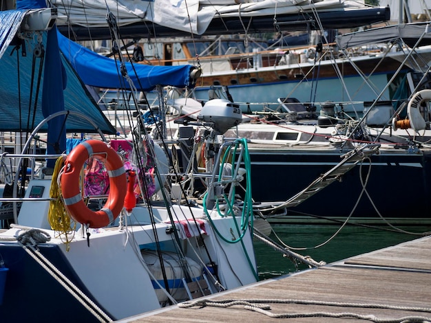 Italy, Sicily, Mediterranean Sea, Marzamemi (Siracusa Province), sailing boats in a marina