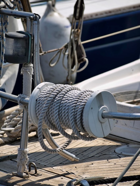 Italy, Sicily, Mediterranean Sea, sailing boat in a marina, nautical cables