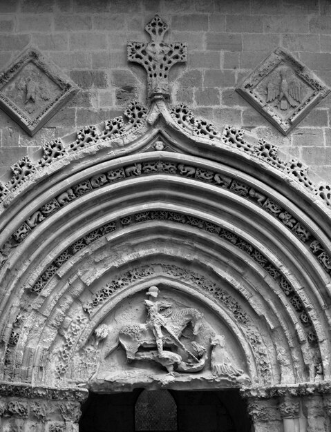 italy, sicily, ragusa ibla, the gothic st. george cathedral portal (xii century). the rest of the church was destroyed by the 1693 earthquake