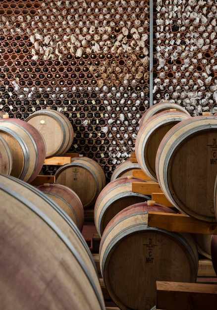 Italy Sicily Ragusa Province wooden wine barrels in a wine cellar