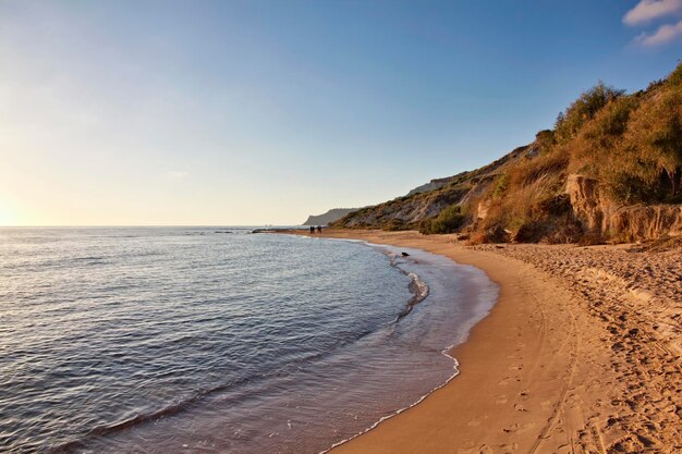 Italy, Sicily, Realmonte, view of Realmonte beach and Mediterranean sea at sunset