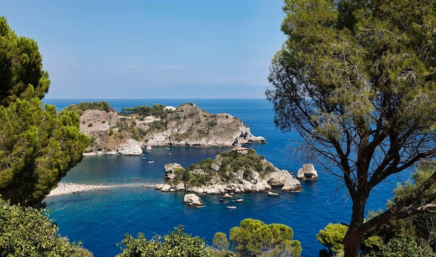 Italy Sicily Taormina bay view of Capo Taormina and Isola Bella