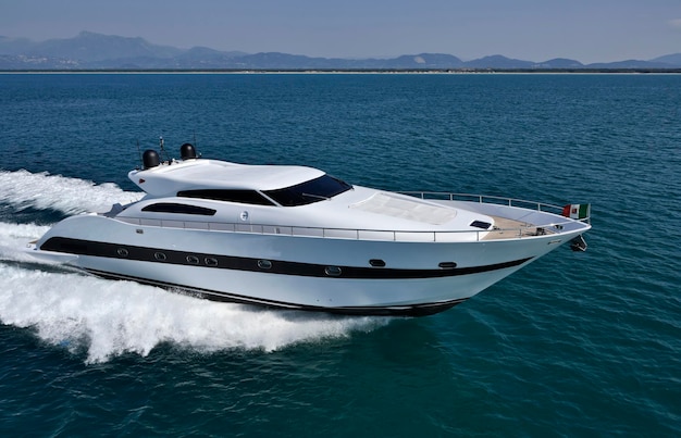 Italy, Tirrenian sea, off the coast of Viareggio, Tecnomar Velvet 90' luxury yacht, aerial view