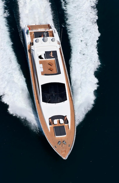 Italy, Tirrenian sea, off the coast of Viareggio, Tuscany, luxury yacht Tecnomar 36 (36 meters), aerial view