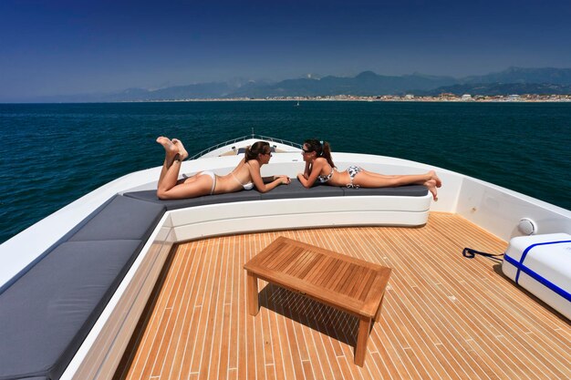 Italy, Tirrenian sea, off the coast of Viareggio, Tuscany, luxury yacht Tecnomar 36 (36 meters), flybridge