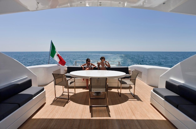 Italy, Tirrenian sea, off the coast of Viareggio, Tuscany, luxury yacht Tecnomar 36 (36 meters), stern deck