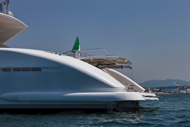 Italy, Tirrenian sea, off the coast of Viareggio, Tuscany, luxury yacht Tecnomar 36 (36 meters), stern and rubberboat garage