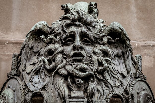 Italy, Turin. This city is famous to be a corner of two global magician triangles. This is a Medusa's head made of bronze close to the historical garden of Valentino in Turin.