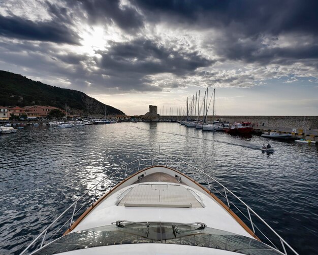 Italy Tuscany Elba Island view of Marciana Marina port from a luxury yacht Azimut 75'