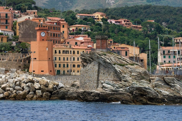 Italy Tuscany Elba island view of Marina di Campo and the port entrance from the sea