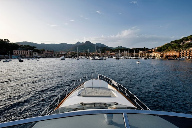 Italy Tuscany Elba Island view of Porto Azzurro from a luxury yacht Azimut 75'