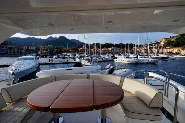 Italy Tuscany Elba Island view of Porto Azzurro from a luxury yacht Azimut 75'