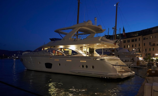 Italy Tuscany Elba Island view of Porto Azzurro and luxury yachts in the marina