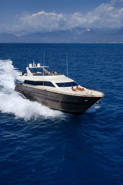 Italy, Tyrrhenian sea, off the coast of Viareggio, 82' luxury yacht, aerial view