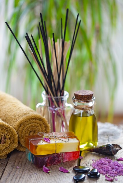 Items and accessories for spa salons in composition on the table.