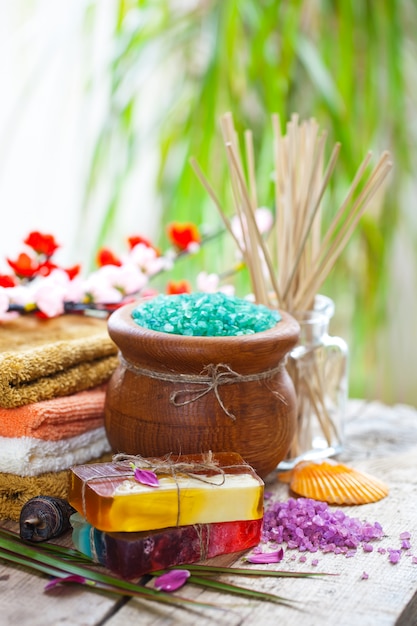 Items and accessories for spa salons in composition on the table.