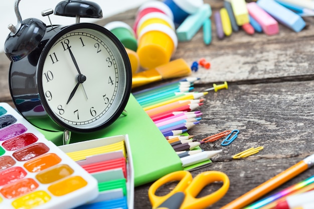 Items for children's creativity on a wooden background