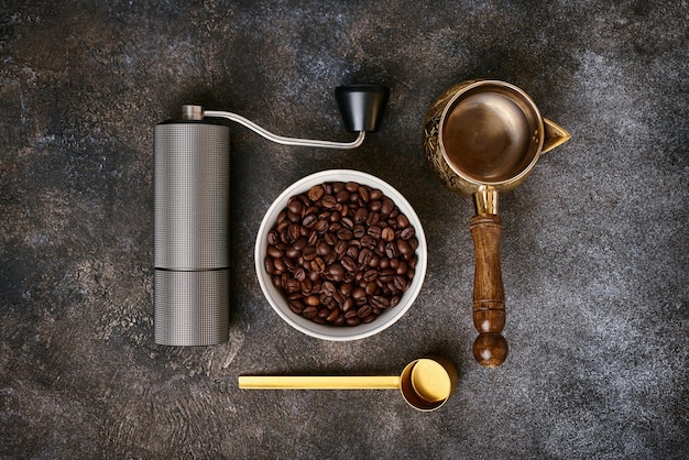 Photo items for preparing turkish coffee flat lay top view closeup