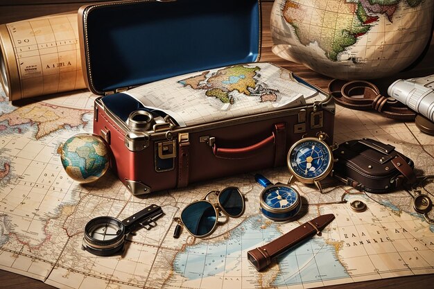 Items used in travel on the background of maps