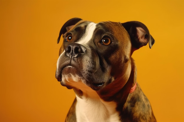 Its funny to see an american staffordshire dog make a flat expression against a yellow backdrop alone