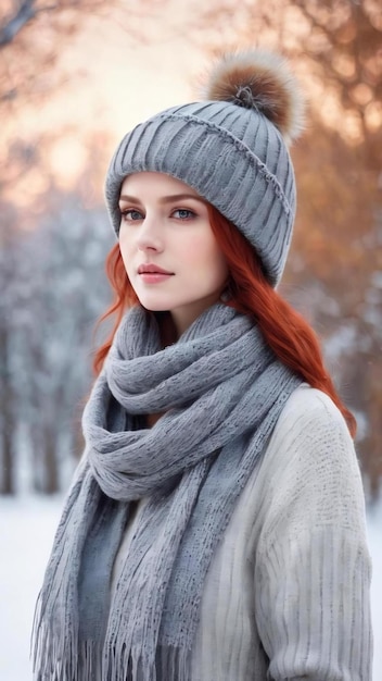 Its getting cold outside cute and lovely pretty redhead female wear grey winter hat and scarf gettin