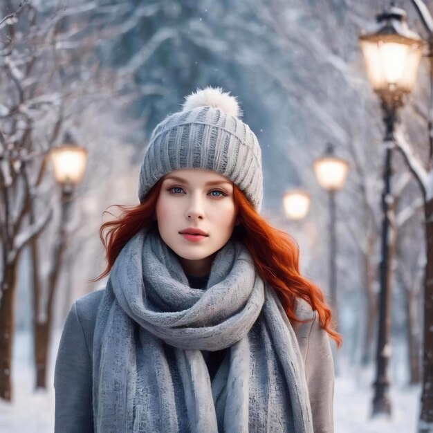 밖은 추워지고 있습니다. 귀 ⁇ 고 사랑스러운  ⁇ 은 머리 여성은 회색 겨울 모자와 스카프를 입고 있습니다.