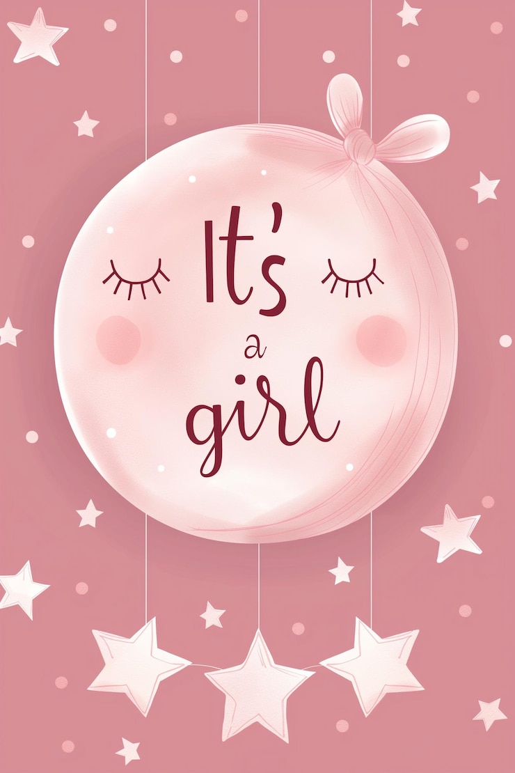 Photo its a girl baby shower invitation card with cute moon face on pink background flat illustration
