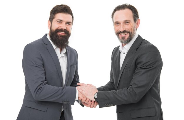 Its pleasure to deal with you happy men shake hands isolated on white business partners made agreement binding agreement contract and commercial agreement completing business agreement