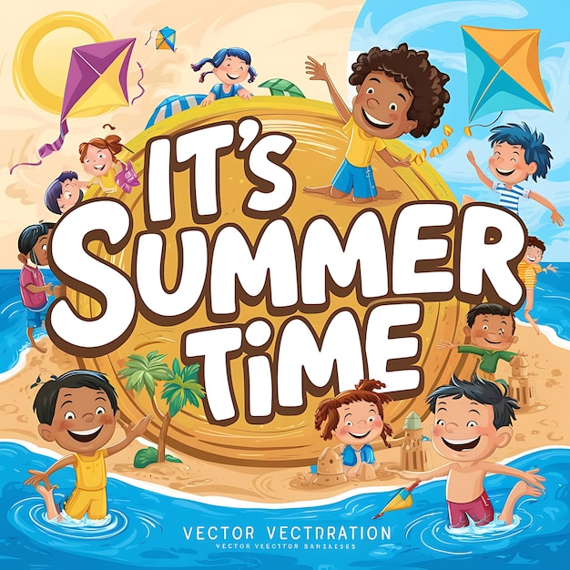 its a summertime vector featuring kids at the beach