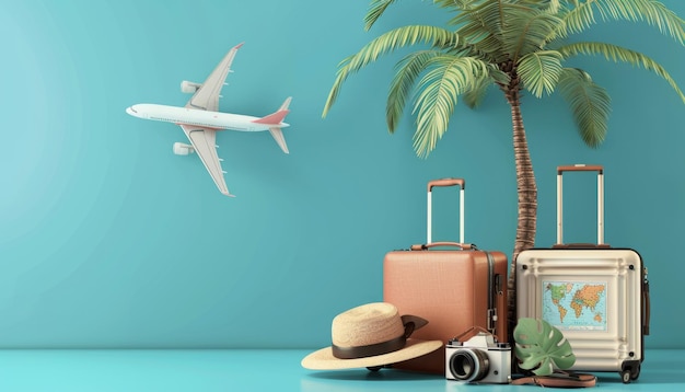 Its time to travel concept poster in d with suitcase palm tree hat camera airplane map by ai