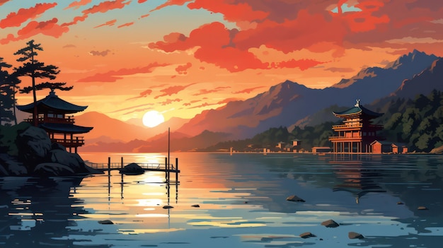 青空を望む夕方の厳島神社ポスター