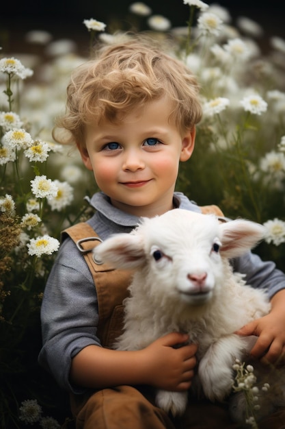 Foto piccolo ragazzo seduto in un campo di fiori con un agnello bambino coccolato accanto a lui