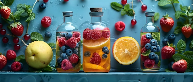 Photo iv serum web banner with saline bag and assorted fruits concept health and wellness medical supplies hydration solutions vitamin infusion fresh fruit icons