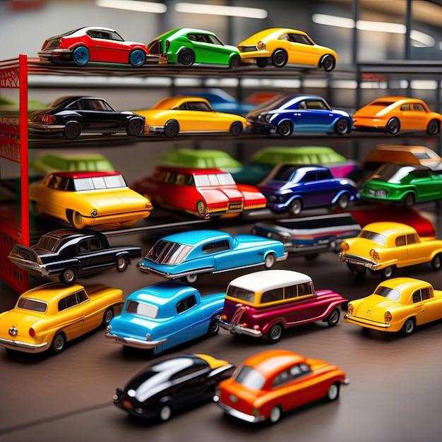 Ivanovo Russia June 2019 The collection of colorful toy car Hot Wheels on the multilevel toy