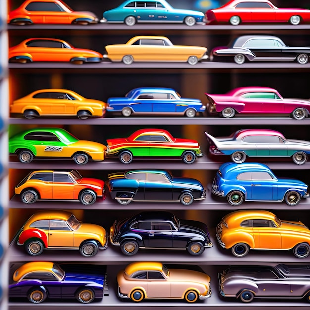 Ivanovo Russia June 2019 The collection of colorful toy car Hot Wheels on the multilevel toy