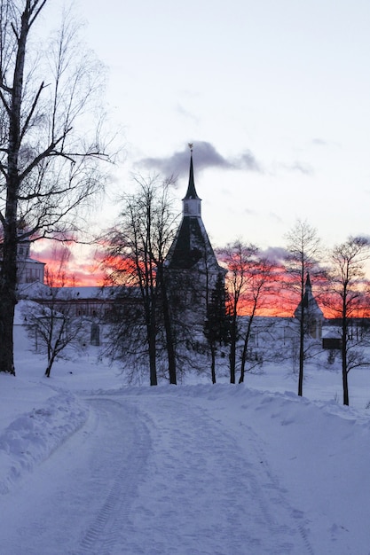 Iversky Monastery in Valdai In the winter at sunset, Russia