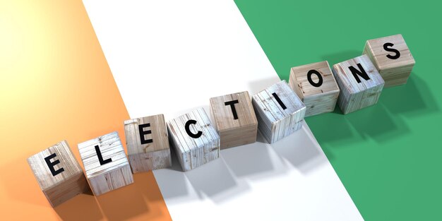 Ivory Coast elections concept wooden blocks and country flag 3D illustration