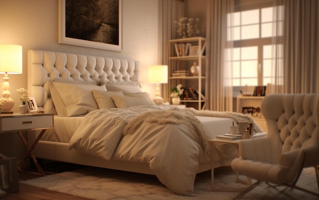 Ivory Haven Serene Bedroom with Subtle Patterns and Soft Lighting Generative AI