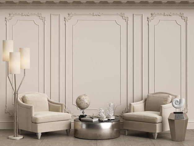 Ivory interior conceptClassic furniture in classic interior with copy spaceWalls with ornated mouldingsFloor parquetDigital Illustration3d rendering