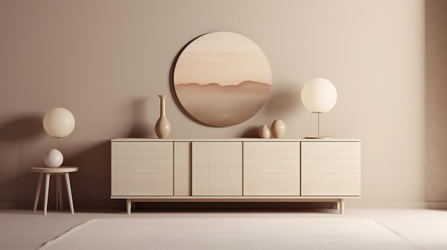 An ivory sideboard with a floor rug in front in a minimalist style