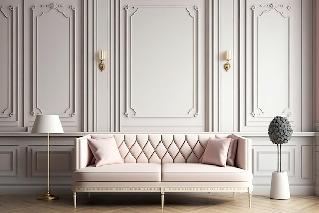 Ivory sofa in classic interior with copy space Molded white walls Herringbone parquet Illustration