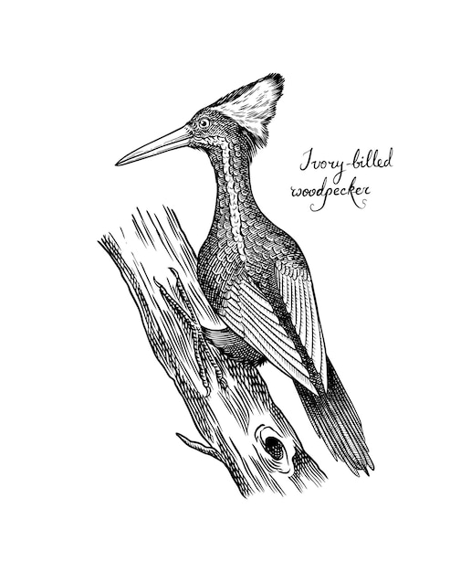 Ivorybilled woodpecker extinct predatory bird engraved hand drawn vector illustration in woodcut