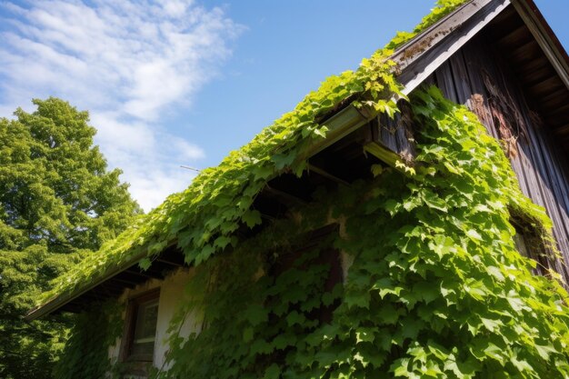 Ivy growing over the roof of a hidden cottage