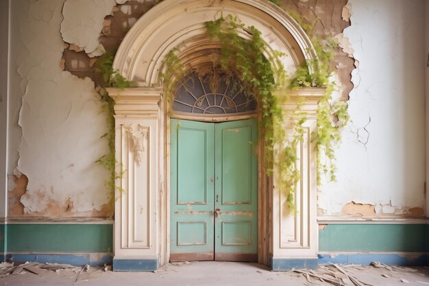 Photo ivycovered arched doorway leading to an abandoned chapel nave