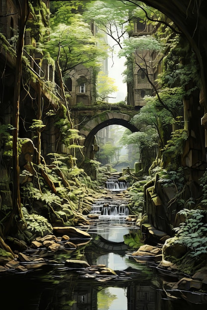 Photo ivycovered bridges span polluted rivers creating a surreal juxtaposition of natural beauty intertwined with the manmade decay of a city forgotten by time