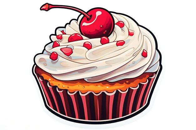 Photo ized cupcake topped with maraschino cherry sticker overlay with a white border