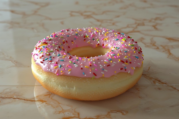 Photo ized pink glazed donut on a beige background